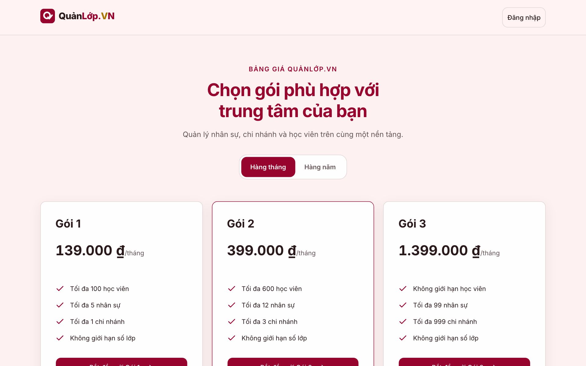 Trang bảng giá QuảnLớp.VN với ba gói dịch vụ