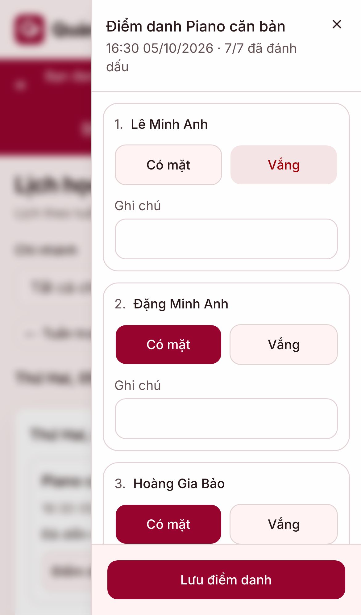 Hộp thoại điểm danh với trạng thái từng học viên trên điện thoại